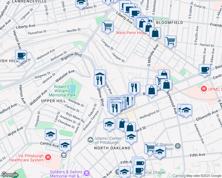 map of restaurants, bars, coffee shops, grocery stores, and more near 435 Melwood Avenue in Pittsburgh