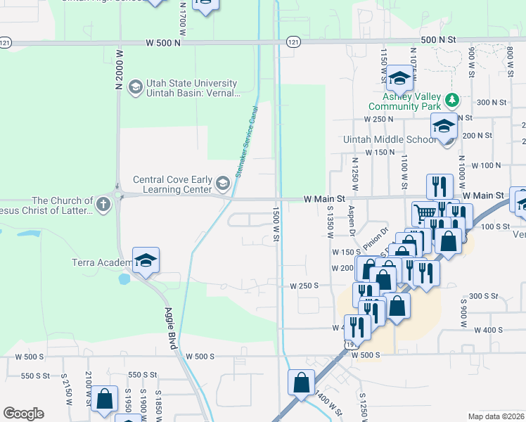 map of restaurants, bars, coffee shops, grocery stores, and more near 50 South 1500 West in Vernal