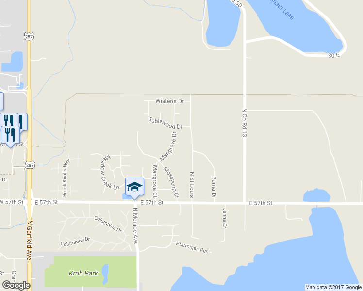 map of restaurants, bars, coffee shops, grocery stores, and more near 6114 Mangrove Court in Loveland