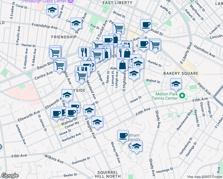 map of restaurants, bars, coffee shops, grocery stores, and more near 378 Lamont Place in Pittsburgh