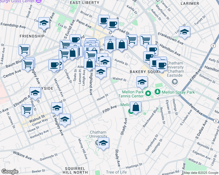 map of restaurants, bars, coffee shops, grocery stores, and more near 6220 Sellers Street in Pittsburgh
