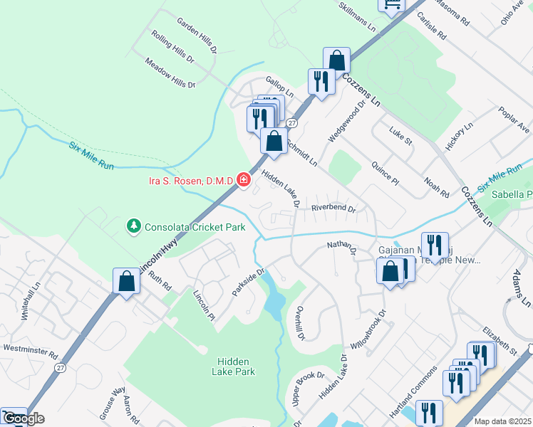 map of restaurants, bars, coffee shops, grocery stores, and more near 999 Hidden Lake Drive in North Brunswick Township