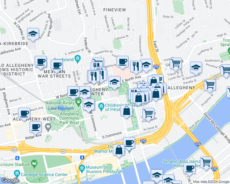 map of restaurants, bars, coffee shops, grocery stores, and more near 50 Montgomery Place in Pittsburgh