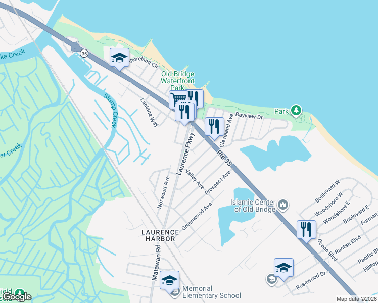 map of restaurants, bars, coffee shops, grocery stores, and more near 60 Laurence Parkway in South Amboy