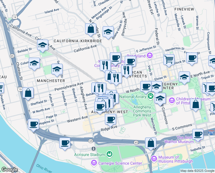 map of restaurants, bars, coffee shops, grocery stores, and more near 1201 Brighton Road in Pittsburgh
