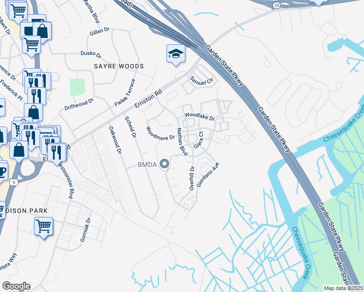 map of restaurants, bars, coffee shops, grocery stores, and more near 1 Boehm Drive in Sayreville
