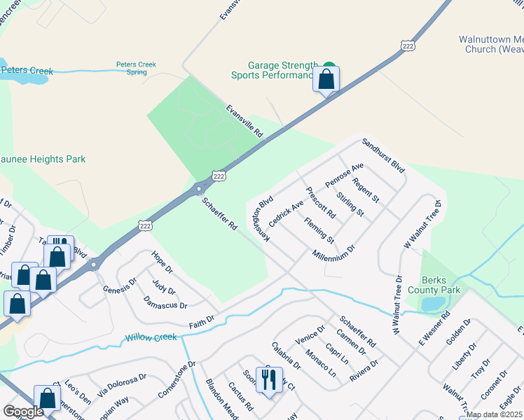 map of restaurants, bars, coffee shops, grocery stores, and more near 129 Kensington Boulevard in Blandon