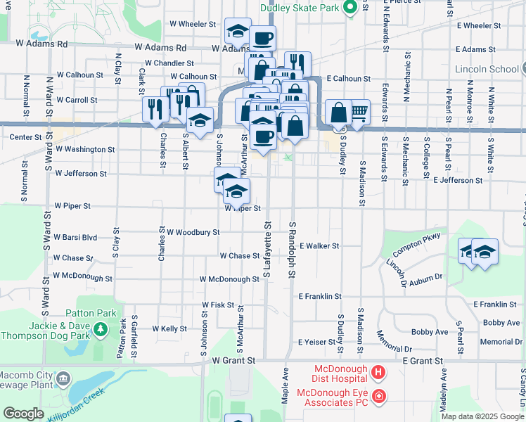map of restaurants, bars, coffee shops, grocery stores, and more near 402 South Lafayette Street in Macomb