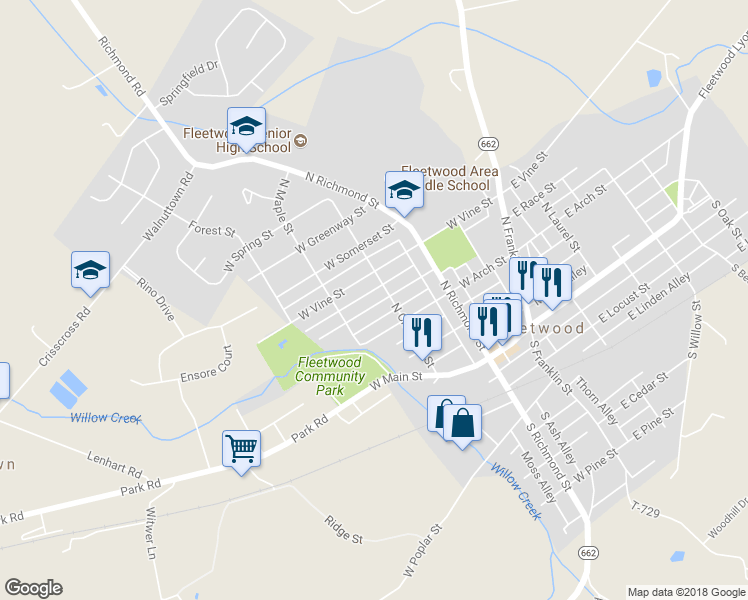 map of restaurants, bars, coffee shops, grocery stores, and more near 309 West Race Street in Fleetwood