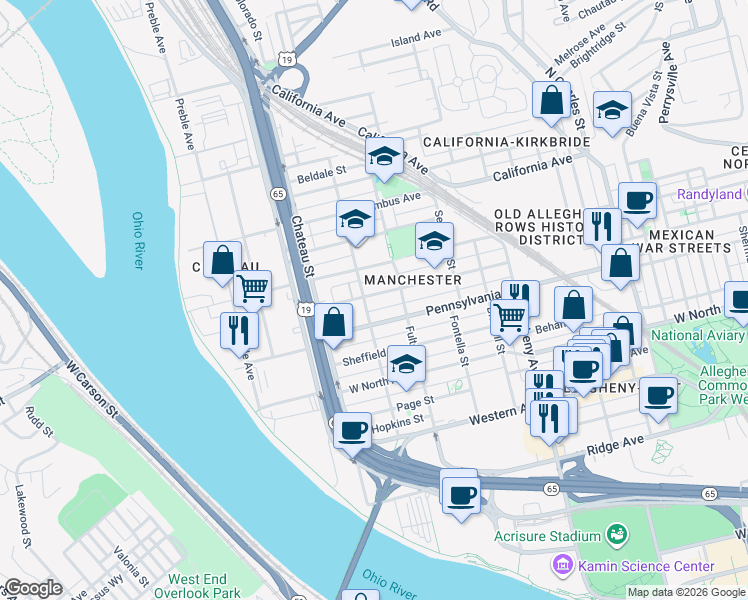 map of restaurants, bars, coffee shops, grocery stores, and more near 1327 Liverpool Street in Pittsburgh