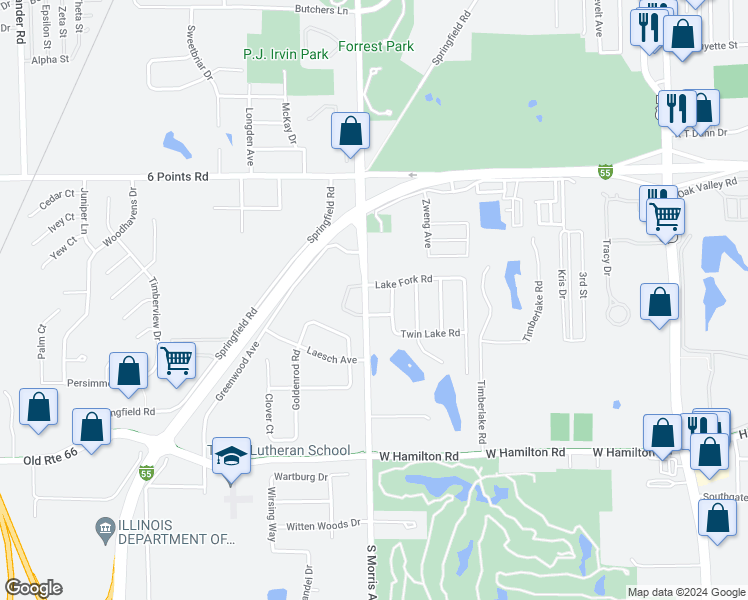 map of restaurants, bars, coffee shops, grocery stores, and more near 2006 South Morris Avenue in Bloomington