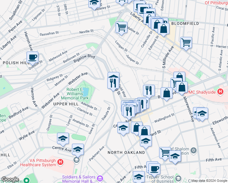 map of restaurants, bars, coffee shops, grocery stores, and more near 3883 Bigelow Boulevard in Pittsburgh