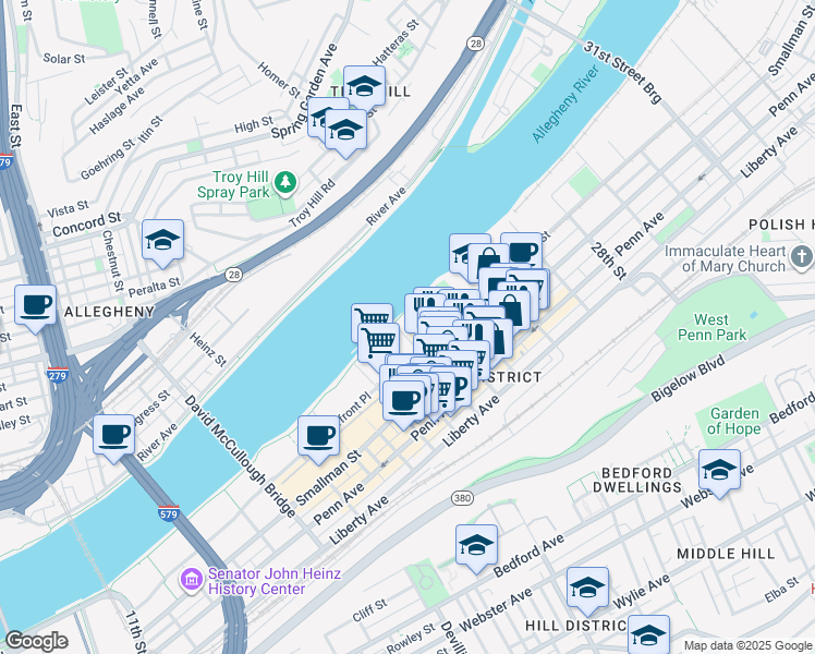 map of restaurants, bars, coffee shops, grocery stores, and more near 2349 Railroad Street in Pittsburgh