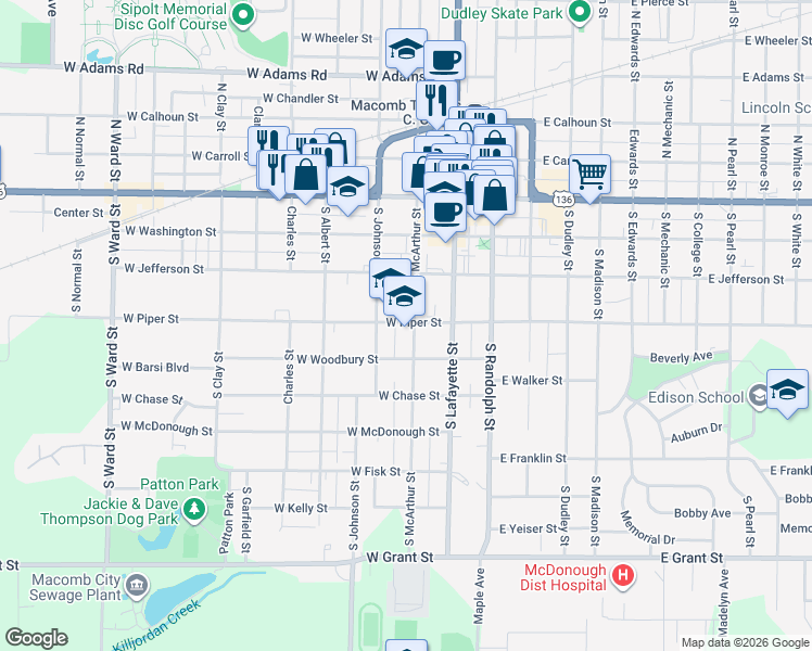 map of restaurants, bars, coffee shops, grocery stores, and more near 404 South McArthur Street in Macomb