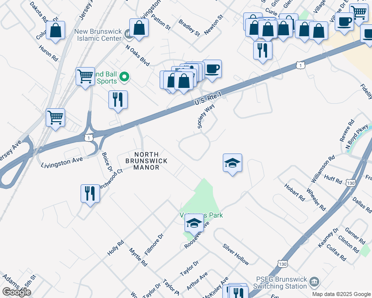 map of restaurants, bars, coffee shops, grocery stores, and more near 132 Pennsylvania Way in North Brunswick Township