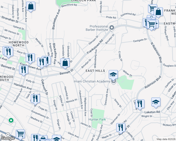 map of restaurants, bars, coffee shops, grocery stores, and more near in Pittsburgh