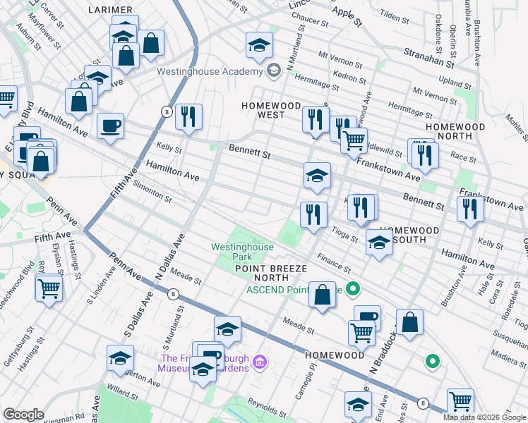 map of restaurants, bars, coffee shops, grocery stores, and more near 7017 Susquehanna Street in Pittsburgh