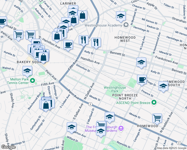 map of restaurants, bars, coffee shops, grocery stores, and more near 6832 Simonton Street in Pittsburgh