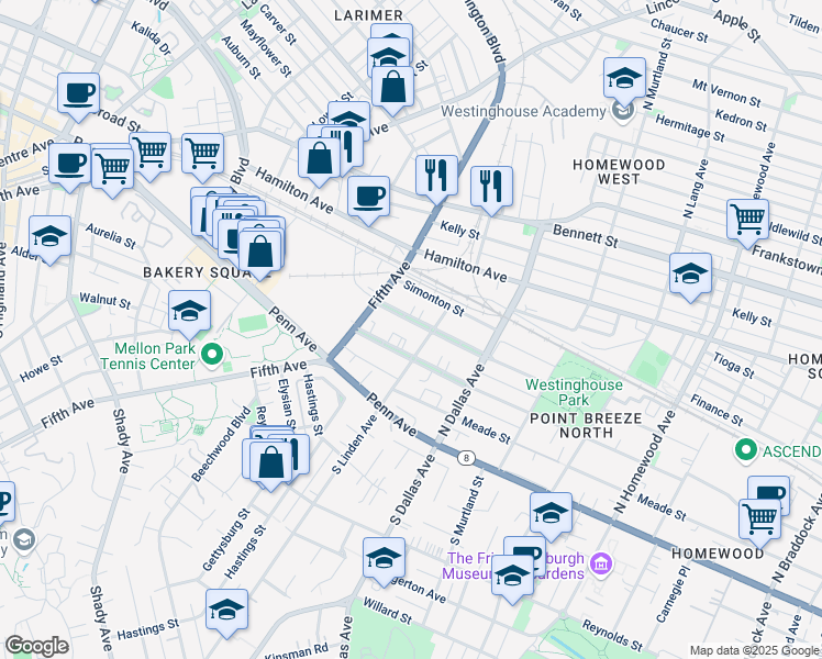 map of restaurants, bars, coffee shops, grocery stores, and more near 6730 McPherson Boulevard in Pittsburgh