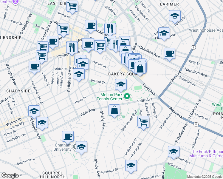 map of restaurants, bars, coffee shops, grocery stores, and more near 6435 Howe Street in Pittsburgh