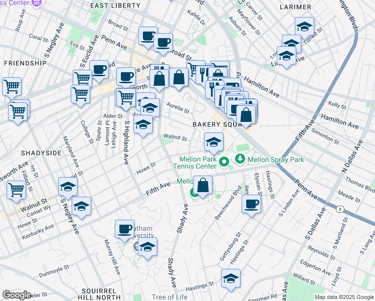 map of restaurants, bars, coffee shops, grocery stores, and more near 342 Denniston Street in Pittsburgh