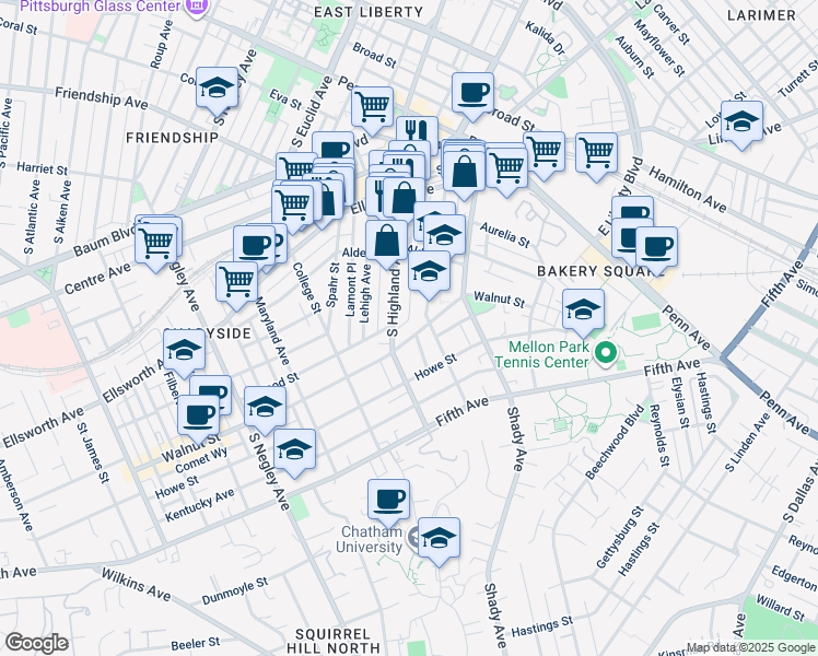 map of restaurants, bars, coffee shops, grocery stores, and more near 6105 Walnut Street in Pittsburgh