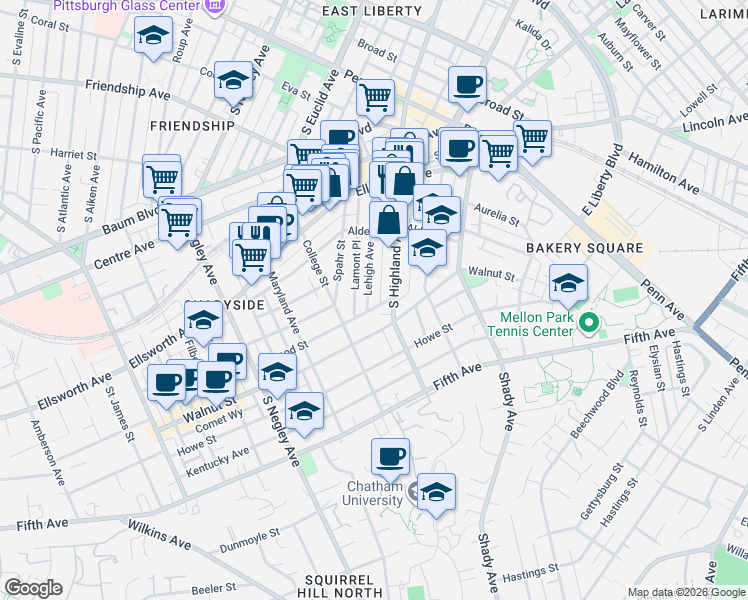 map of restaurants, bars, coffee shops, grocery stores, and more near 375 Lehigh Avenue in Pittsburgh