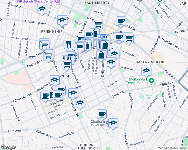 map of restaurants, bars, coffee shops, grocery stores, and more near 375 Spahr Street in Pittsburgh