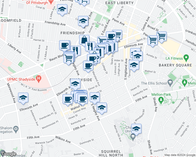 map of restaurants, bars, coffee shops, grocery stores, and more near 642 Maryland Avenue in Pittsburgh