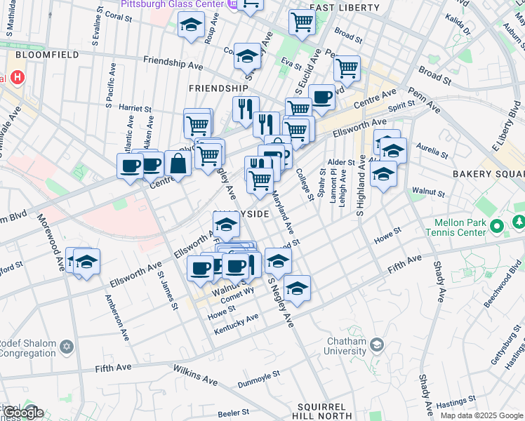 map of restaurants, bars, coffee shops, grocery stores, and more near in Pittsburgh