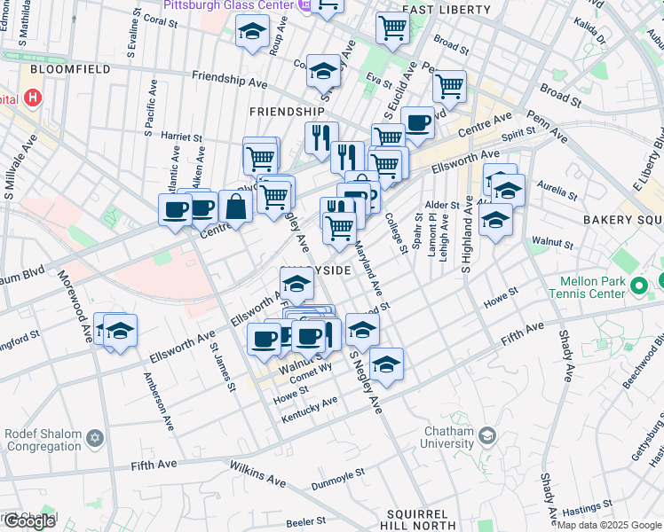 map of restaurants, bars, coffee shops, grocery stores, and more near in Pittsburgh