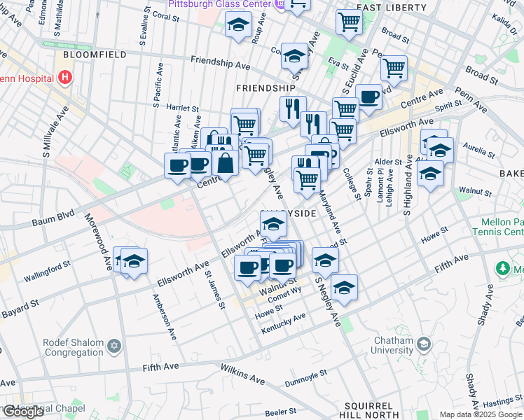 map of restaurants, bars, coffee shops, grocery stores, and more near 521 Ivy Street in Pittsburgh