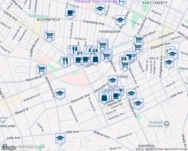 map of restaurants, bars, coffee shops, grocery stores, and more near 411 Noble Street in Pittsburgh