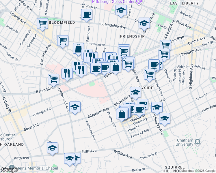 map of restaurants, bars, coffee shops, grocery stores, and more near 529 South Aiken Avenue in Pittsburgh