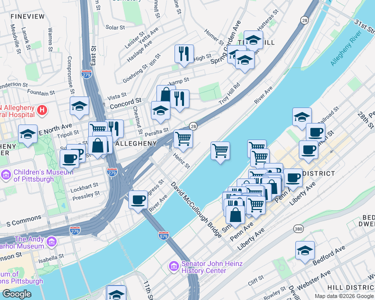 map of restaurants, bars, coffee shops, grocery stores, and more near 1072 River Avenue in Pittsburgh