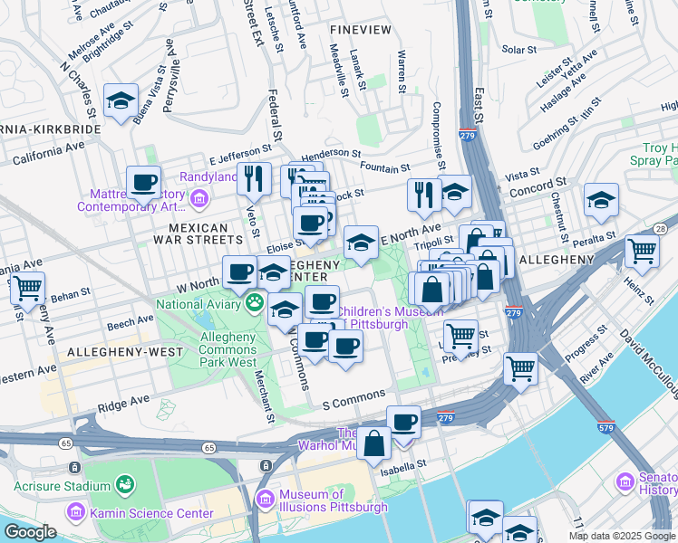 map of restaurants, bars, coffee shops, grocery stores, and more near 11 Montgomery Place in Pittsburgh
