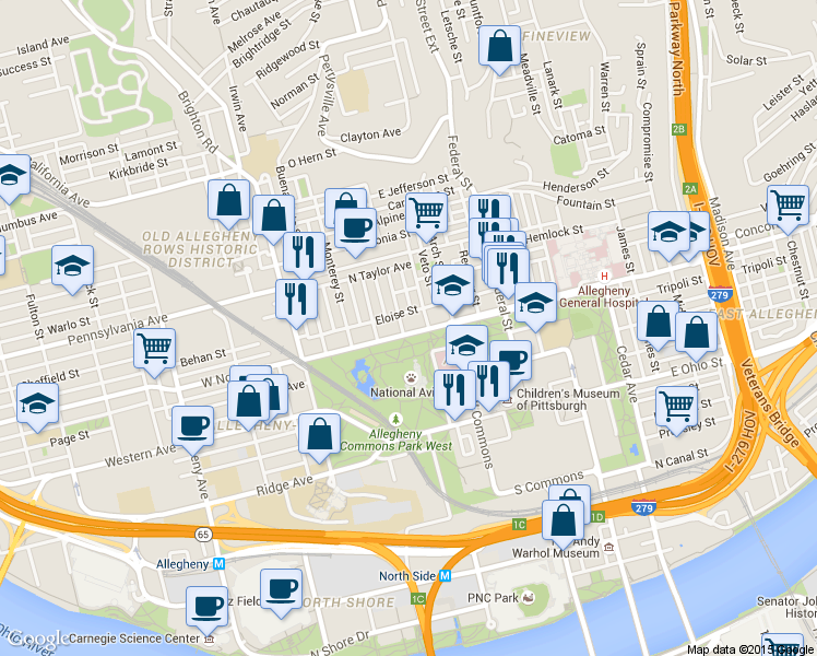 map of restaurants, bars, coffee shops, grocery stores, and more near 302 West North Avenue in Pittsburgh