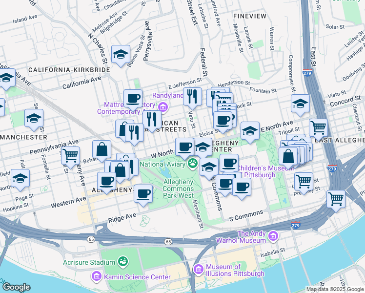 map of restaurants, bars, coffee shops, grocery stores, and more near 302 West North Avenue in Pittsburgh