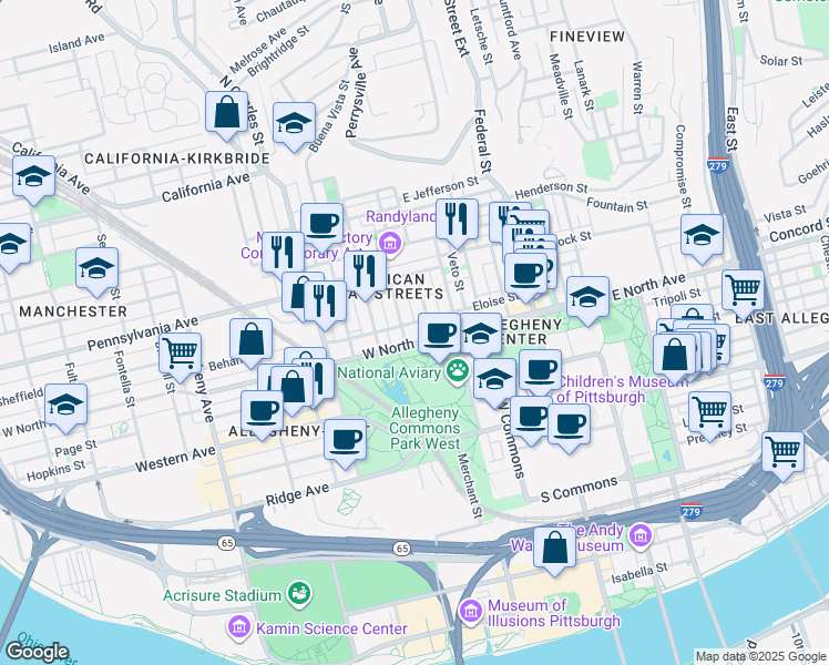 map of restaurants, bars, coffee shops, grocery stores, and more near in Pittsburgh