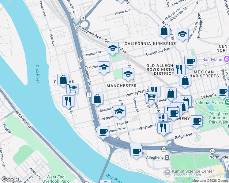 map of restaurants, bars, coffee shops, grocery stores, and more near 1301 Liverpool Street in Pittsburgh