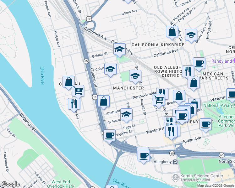 map of restaurants, bars, coffee shops, grocery stores, and more near 1335 Liverpool Street in Pittsburgh