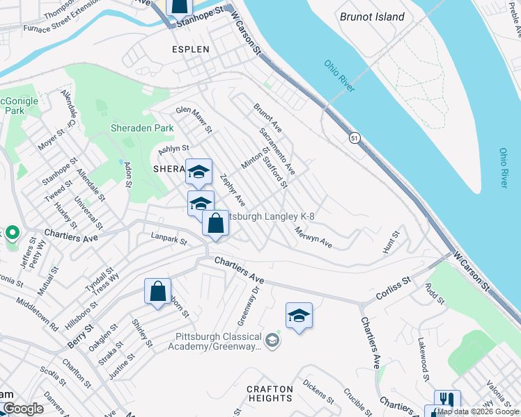 map of restaurants, bars, coffee shops, grocery stores, and more near 2906 Zephyr Avenue in Pittsburgh