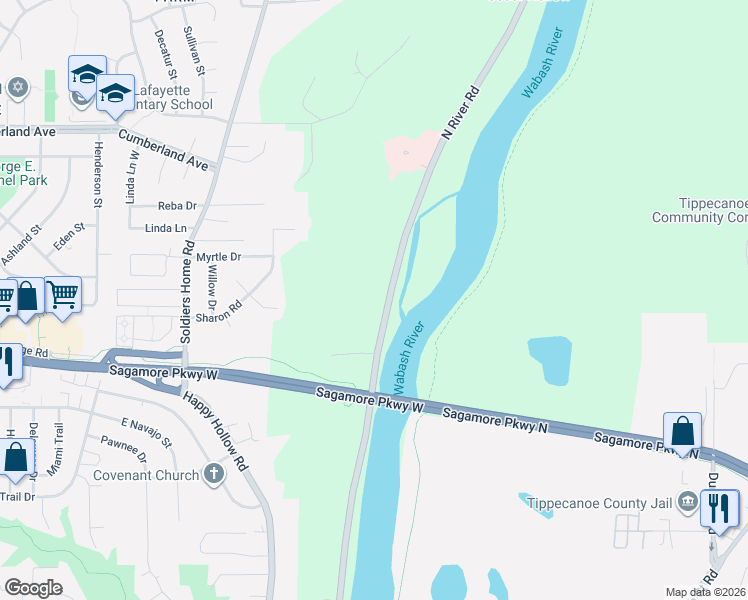 map of restaurants, bars, coffee shops, grocery stores, and more near 2620 North River Road in West Lafayette