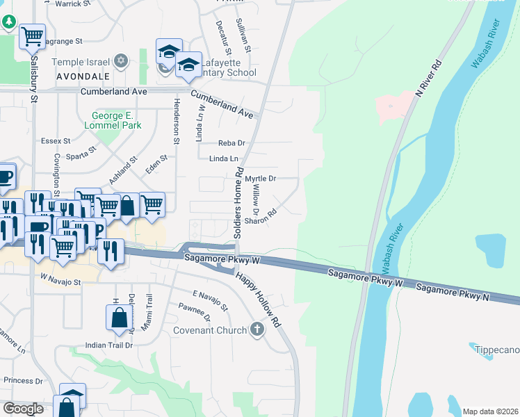 map of restaurants, bars, coffee shops, grocery stores, and more near 226 Sharon Road in West Lafayette