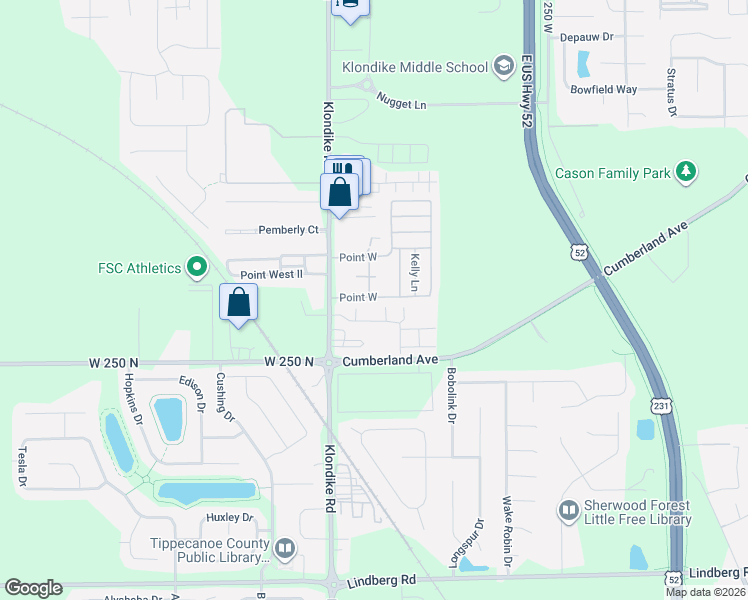 map of restaurants, bars, coffee shops, grocery stores, and more near 76 Point West in West Lafayette