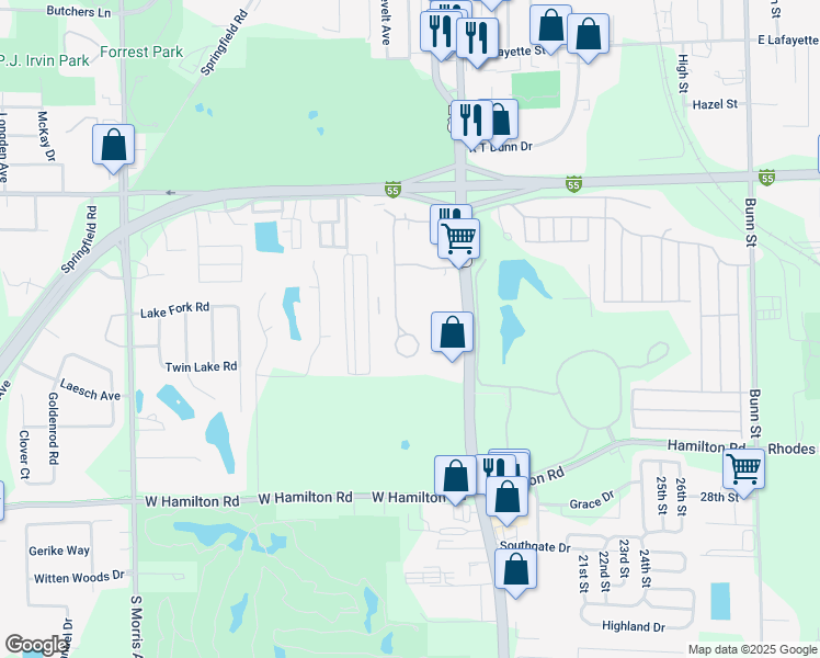 map of restaurants, bars, coffee shops, grocery stores, and more near 2004 Tracy Drive in Bloomington