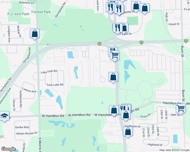 map of restaurants, bars, coffee shops, grocery stores, and more near 38 Ronald Drive in Bloomington