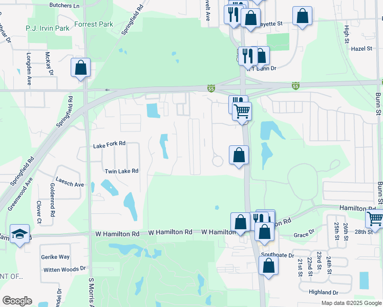 map of restaurants, bars, coffee shops, grocery stores, and more near 38 Ronald Drive in Bloomington
