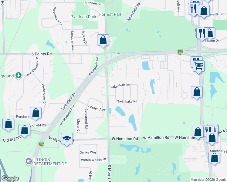 map of restaurants, bars, coffee shops, grocery stores, and more near 2006 South Morris Avenue in Bloomington