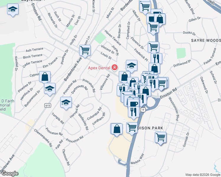 map of restaurants, bars, coffee shops, grocery stores, and more near 9 Dana Estates Drive in Old Bridge